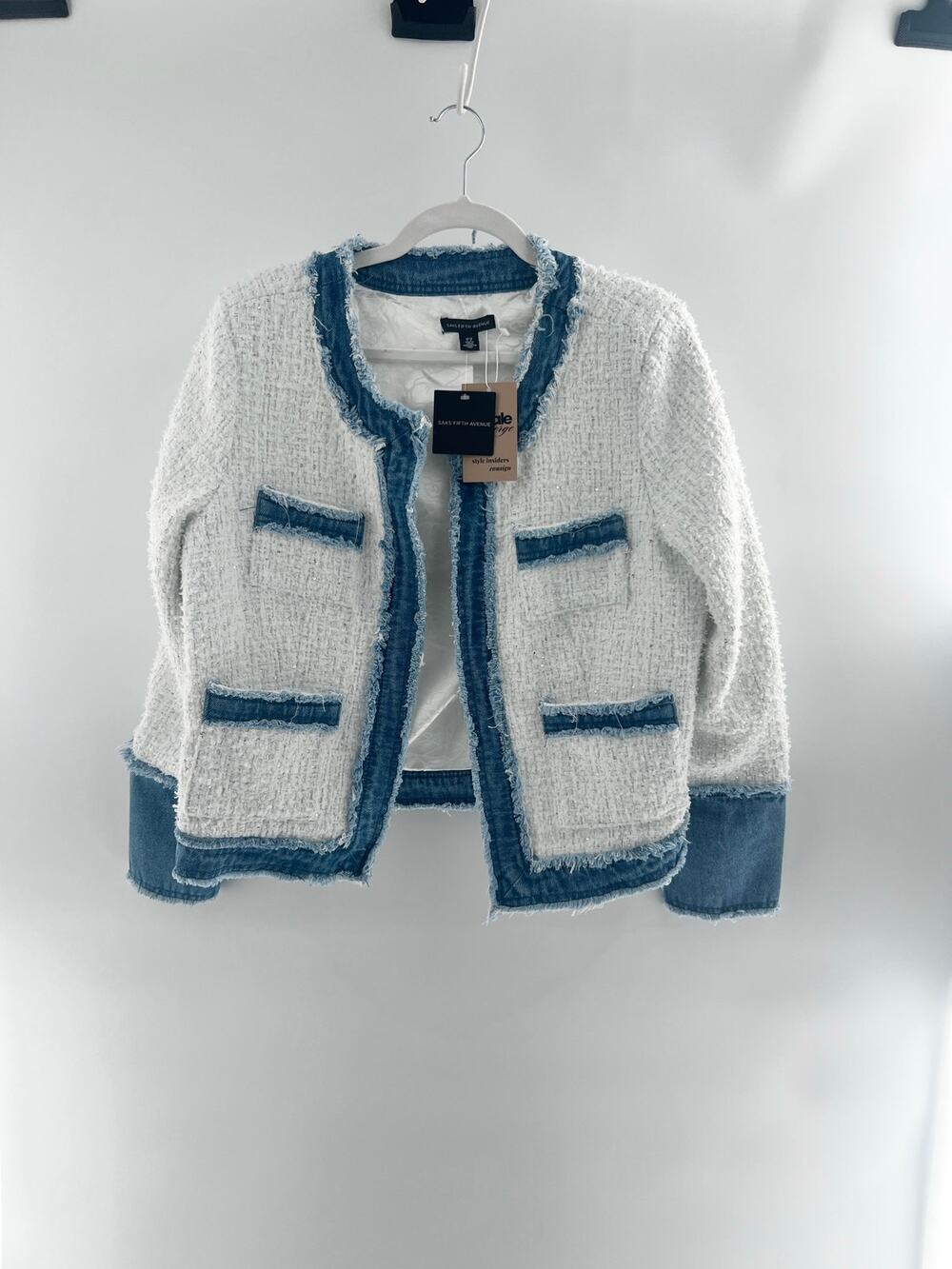 NWT Saks 5th Avenue Open Front Tweed Jacket with Denim details White Blue Large